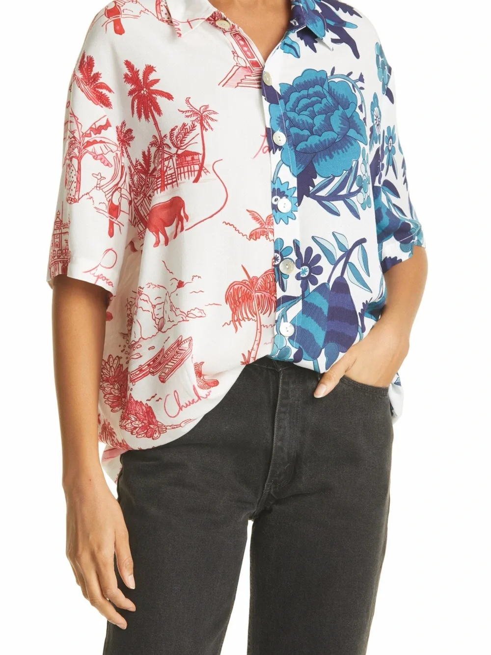FARM Rio Two-Tone Red & Blue Tropical Button-Down Shirt - Picture 5 of 5